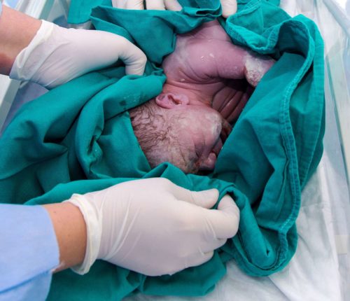 newborn being cleaned