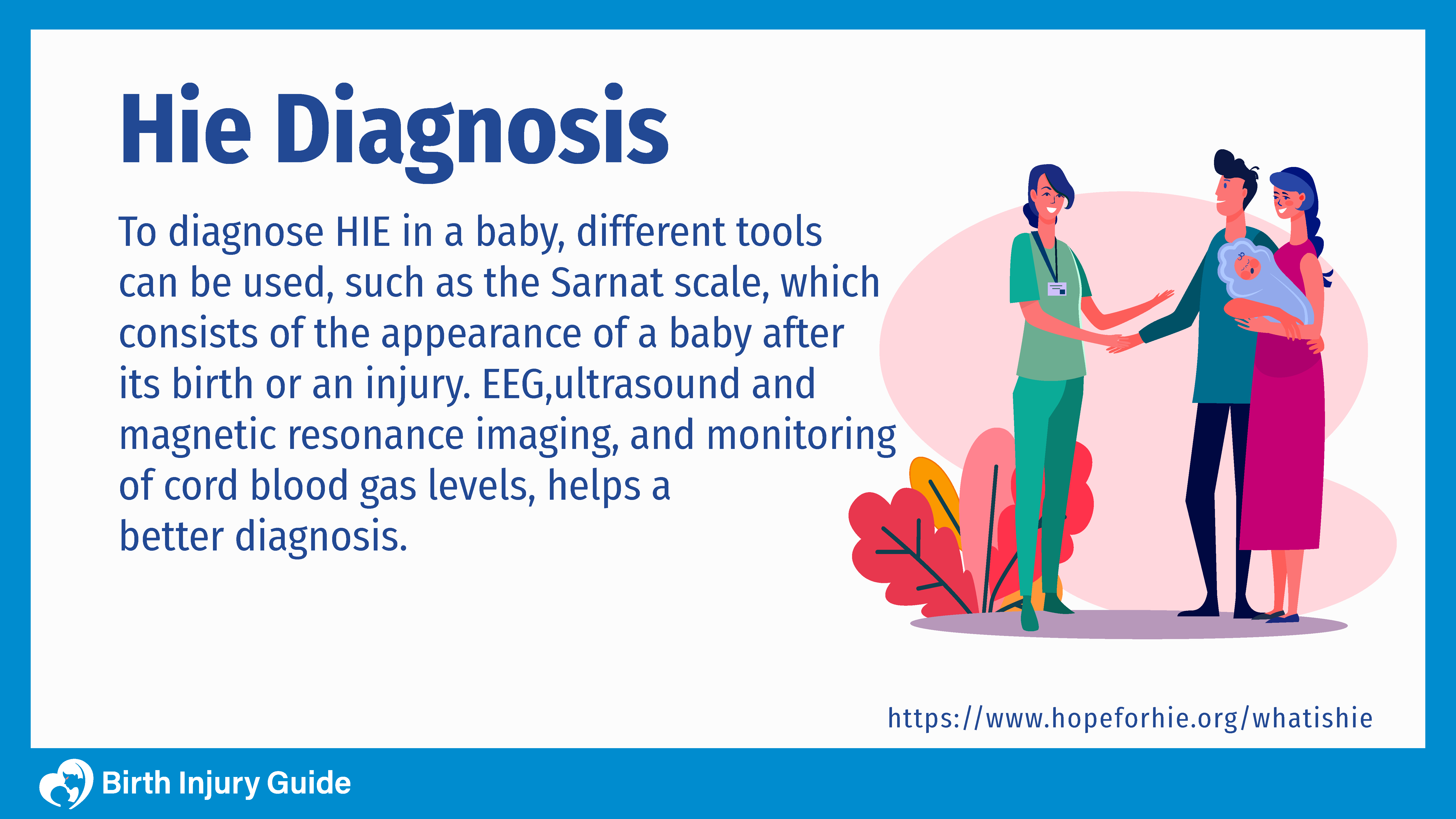 Description of how to diagnose HIE. A doctor giving an explanation to a family and their newborn.